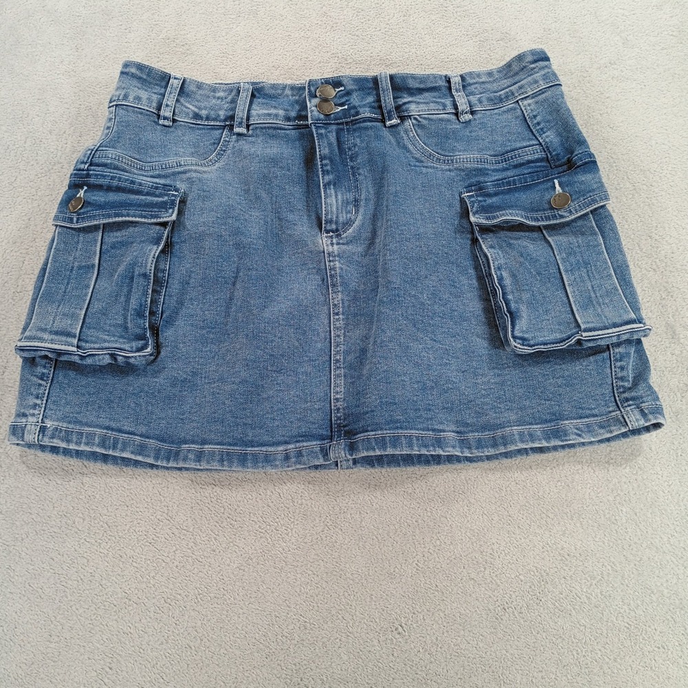Elleven Women Denim Cargo Mini Skirt Blue XL Stretch Utility Pockets